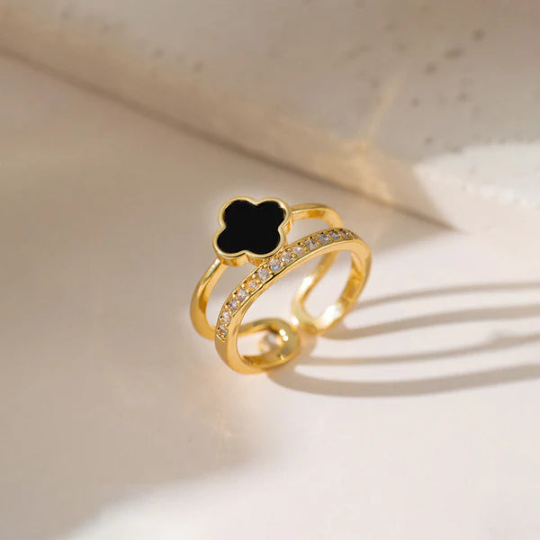 Svarnika Jewels Gold Plated Anti Tarnish Stainless Steel Clover Themed Adjustable Finger Ring