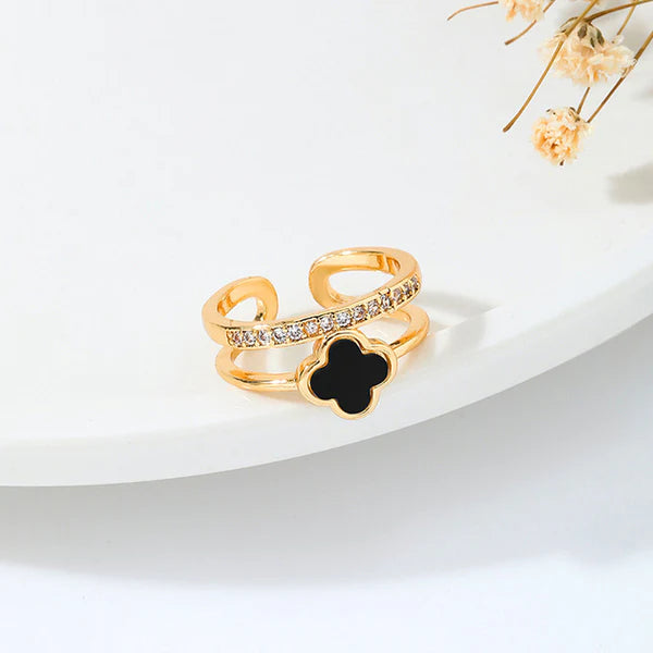 Svarnika Jewels Gold Plated Anti Tarnish Stainless Steel Clover Themed Adjustable Finger Ring