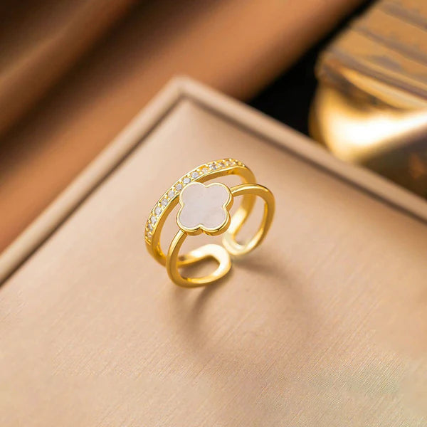 Svarnika Jewels Gold Plated Anti Tarnish Stainless Steel Clover Themed Adjustable Finger Ring