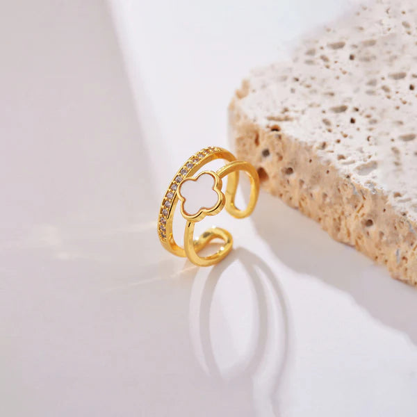 Svarnika Jewels Gold Plated Anti Tarnish Stainless Steel Clover Themed Adjustable Finger Ring