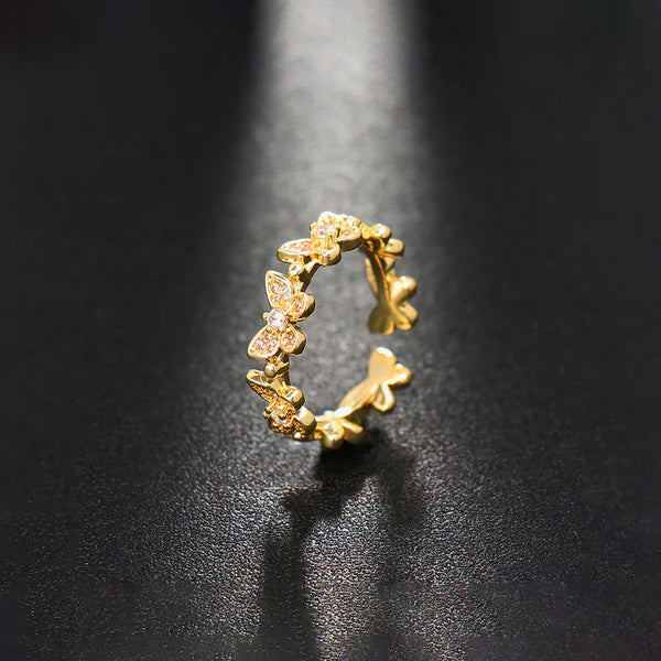 Svarnika Jewels Gold Plated Anti Tarnish Stainless Steel Butterfly Themed Adjustable Finger Ring