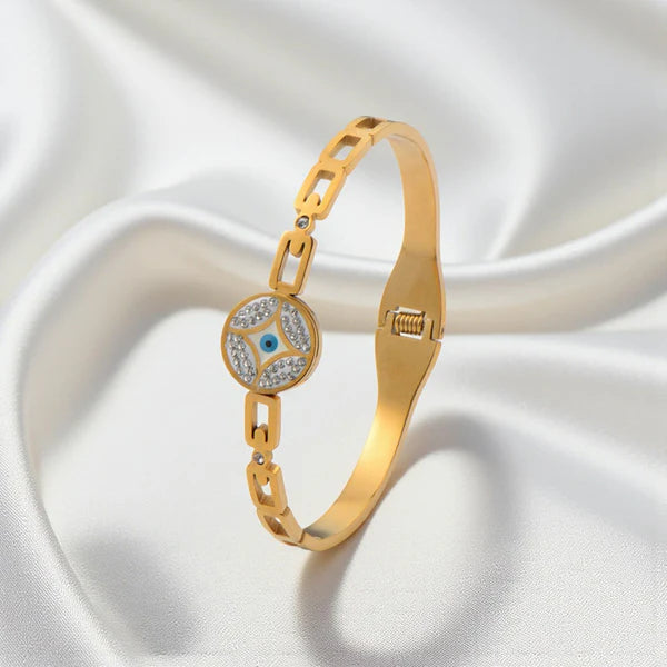 Svarnika Jewels Gold Plated Stainless Steel Evil Eye Themed Anti Tarnish Bangle Style Bracelet