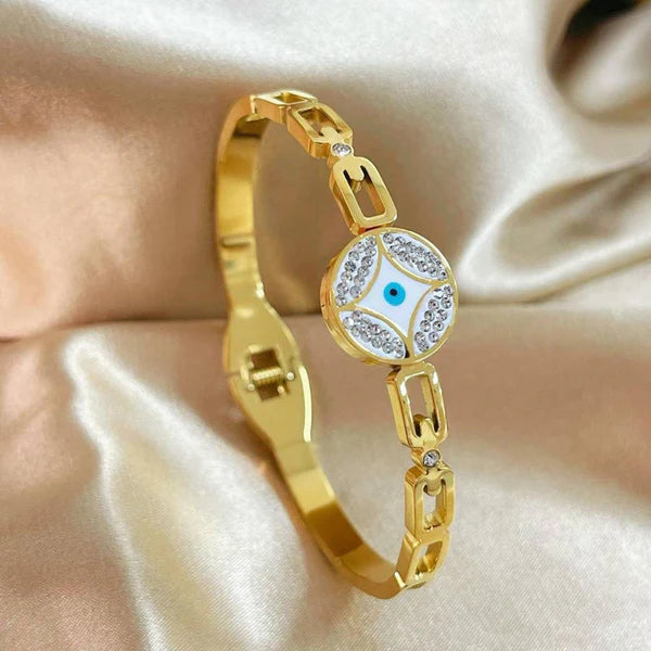 Svarnika Jewels Gold Plated Stainless Steel Evil Eye Themed Anti Tarnish Bangle Style Bracelet