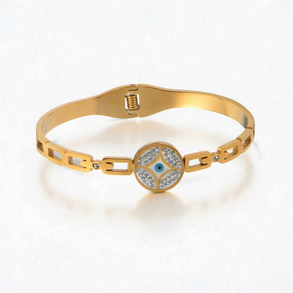 Svarnika Jewels Gold Plated Stainless Steel Evil Eye Themed Anti Tarnish Bangle Style Bracelet