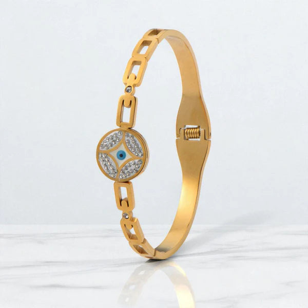 Svarnika Jewels Gold Plated Stainless Steel Evil Eye Themed Anti Tarnish Bangle Style Bracelet