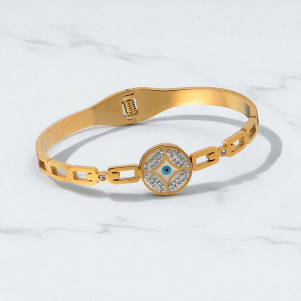 Svarnika Jewels Gold Plated Stainless Steel Evil Eye Themed Anti Tarnish Bangle Style Bracelet