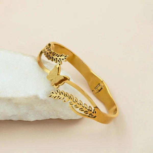 Svarnika Jewels Gold Plated Stainless Steel Butterfly Themed Anti Tarnish Bangle Style Bracelet