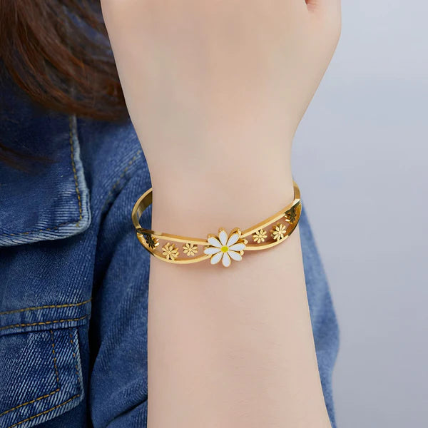 Svarnika Jewels Gold Plated Stainless Steel Floral Themed Anti Tarnish Bangle Style Bracelet