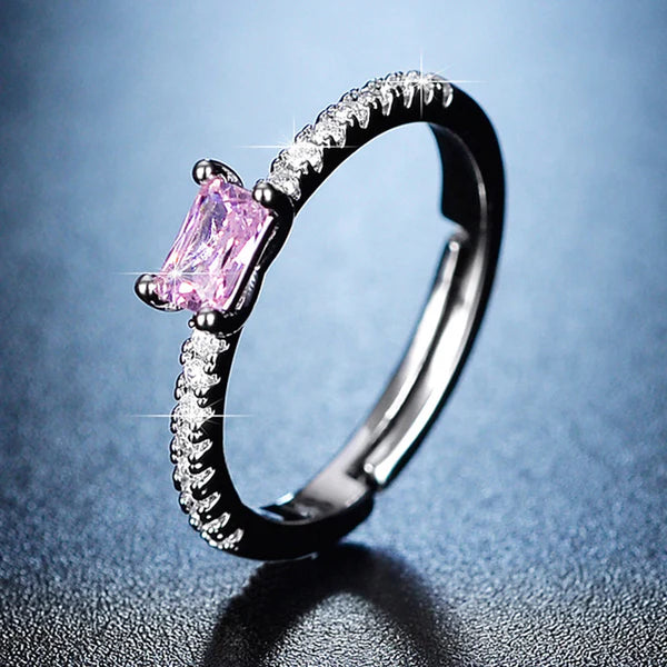 Svarnika Jewels Silver Plated American Diamond Studded Rectangular Pink Stone Anti Tarnish Adjustable Ring