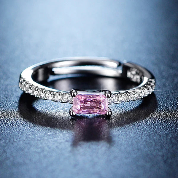 Svarnika Jewels Silver Plated American Diamond Studded Rectangular Pink Stone Anti Tarnish Adjustable Ring