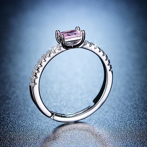 Svarnika Jewels Silver Plated American Diamond Studded Rectangular Pink Stone Anti Tarnish Adjustable Ring