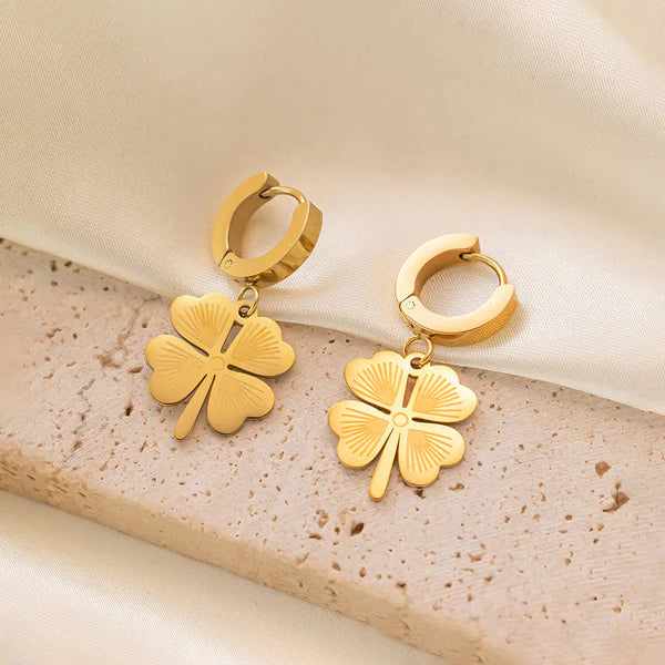 Gold Plated Anti Tarnish Stainless Steel Clover Themed Drop Earrings