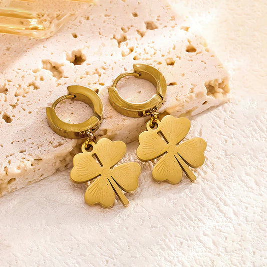 Gold Plated Anti Tarnish Stainless Steel Clover Themed Drop Earrings