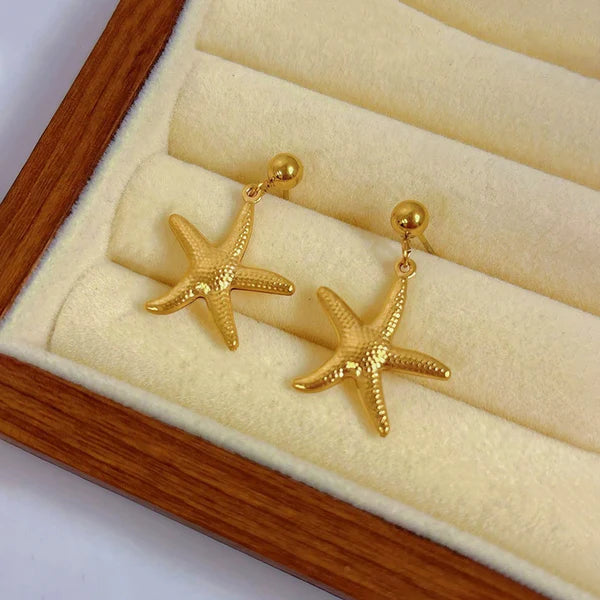 Gold Plated Stainless Steel Anti Tarnish Star Themed Drop Earrings