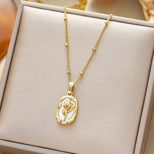 Gold Plated White Anti Tarnish Rose Themed Pendant
