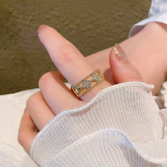 Svarnika Jewels Gold Plated Anti Tarnish Stainless Steel Clover Themed Adjustable Finger Ring