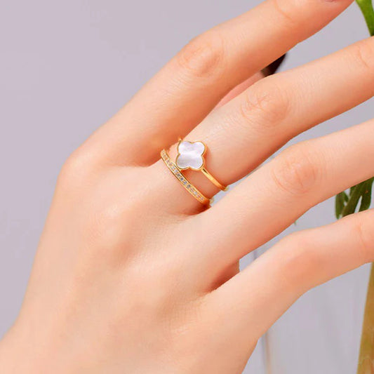 Svarnika Jewels Gold Plated Anti Tarnish Stainless Steel Clover Themed Adjustable Finger Ring