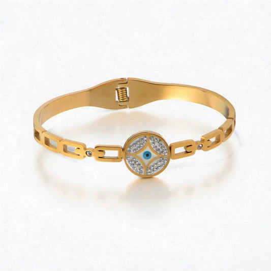 Svarnika Jewels Gold Plated Stainless Steel Evil Eye Themed Anti Tarnish Bangle Style Bracelet