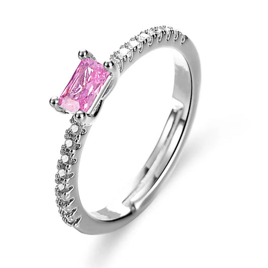 Svarnika Jewels Silver Plated American Diamond Studded Rectangular Pink Stone Anti Tarnish Adjustable Ring