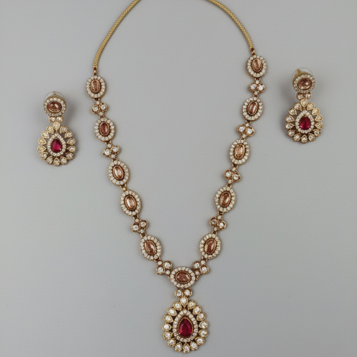 Gold Plated CZ Red Stone Necklace Set with Earrings